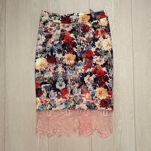 Gracia Floral Pencil Skirt with Pink Lace Trim